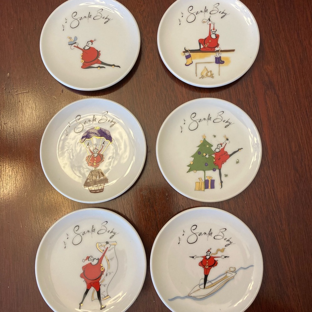 6 Pottery Barn Santa Baby 4” Appetizer Coasters set of 6
